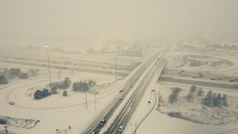 Winter-Blizzard-Over-Highway-With-Low-Visibility-In-Toronto,-Ontario,-Canada