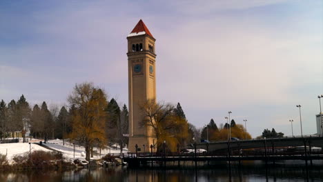 bluebird-sunny-clock-tower-mid-winter-river-downtown-Spokane-riverfront-pan-Feb-2019