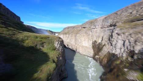 Gullfoss-Falls-Waterfall-in-Iceland,-Cinematic-FPV-Aerial-Drone-View