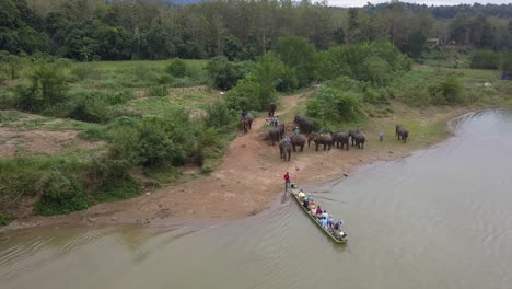 Tourists-arrive-by-river-boat-for-elephant-ride-in-north-Laos,-aerial