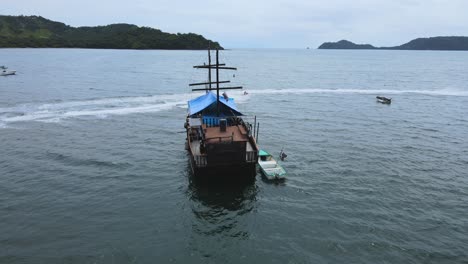 Drone-view-of-pirate-ship,-Cenital,-Costa-Rica