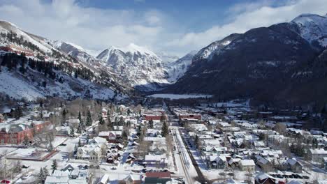 Slow-panning-drone-shot-of-Telluride,-Colorado-in-January