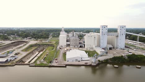 Aerial-panning-view-of-industrial-and-commercial-properties-along-the-shore-of-a-river