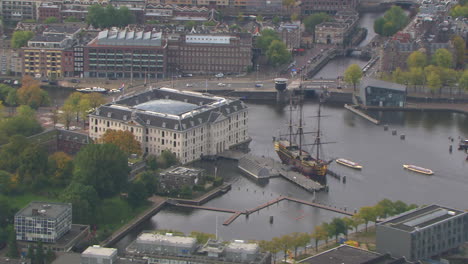 Aerial-zoom-in-shot-showing-the-National-Maritim-Museum-and-the-VOC,-Amsterdam