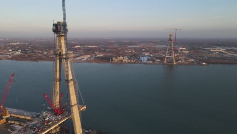 New-bridge-construction-site-between-Detroit-and-Windsor,-aerial-drone-view