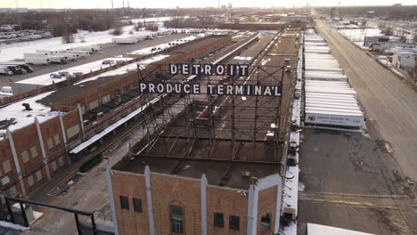 Produce-terminal-of-Detroit,-aerial-drone-orbit-view