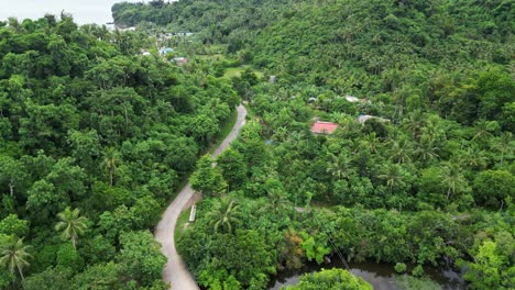 A-winding-road-through-forestry-mountains-on-Catanduanes,-with-small-houses-nestled-in-lush-greenery,-captured-in-stunning-aerial-footage
