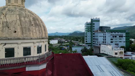 A-close-up-aerial-view-of-the-beautiful-Virac-Cathedral-in-Catanduanes,-showcasing-its-intricate-design-and-stunning-architecture