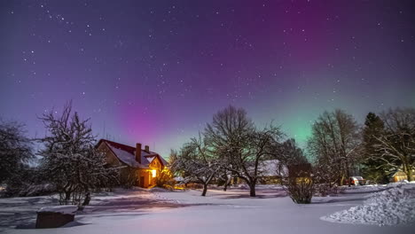 Aurora-borealis-brightly-glowing-over-a-cozy-cabin---time-lapse