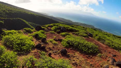 aerial-FPV-shot-of-a-high-green-mountain-in-the-sunrise-light-with-a-Pacific-ocean-in-background,-tropical-Hawaiian-island-Kauai