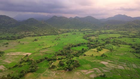 Cinematic-drone-shot-of-agriculture-land-with-mountain-range-at-the-background