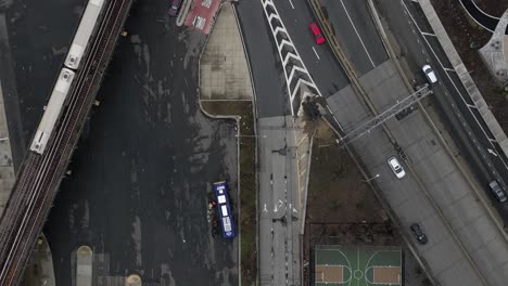 A-top-down-view-of-a-Williamsburg,-Brooklyn-public-transportation-depot-on-a-cloudy-day