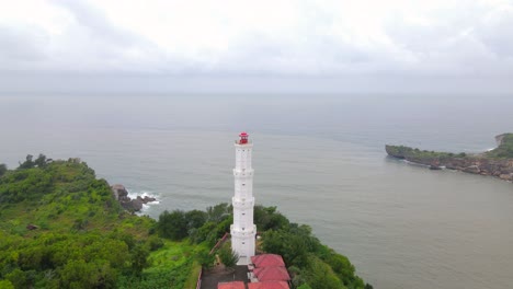 Drone-shot-of-white-lighthouse-on-the-coral-cliff---Baron-Beach,-Indonesia