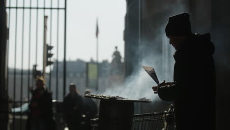 Beautiful-silhouette-of-a-street-trader-cooking-hot-chestnuts-on-oven