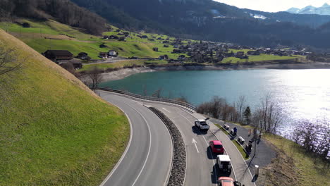 Aerial-of-Roadside-Stop-at-Lake-Lungern,-Obwalden,-Switzerland