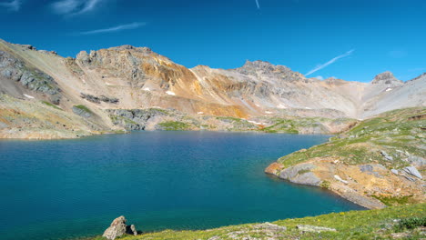Zeitraffer,-Blaues-Gletscherwasser-Des-Columbine-Lake,-San-Juan-National-Forest,-Colorado,-USA-An-Einem-Sonnigen-Tag