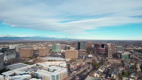 Drone-aerial-view-of-Denver,-Colorado-suburb-with-many-hotels