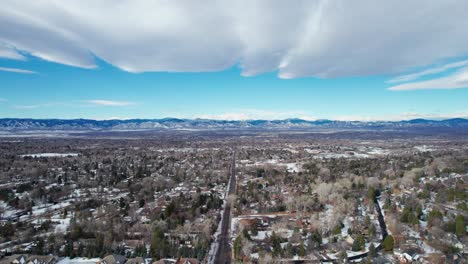 Drone-aerial-view-of-Denver,-Colorado-suburb-overlooking-the-rocky-mountain