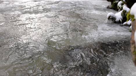 Agua-Que-Fluye-En-El-Arroyo-Congelado,-Hielo-Retroiluminado