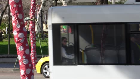 Bus,-taxi-and-cars-on-street-of-Tirana-with-trees-wearing-colorful-graphics-for-the-summer-day-party-that-is-approaching