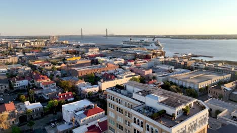 aerial-of-royal-caribbean-ship-in-harbor-in-charleston-sc,-south-carolina