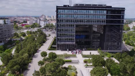 Aerial-View-advanced-of-a-Family-Dancing-Out-of-Montpellier-City-Hall-for-a-Wedding
