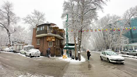 Straßenkonjunktion-In-Teheran,-Der-Hauptstadt-Asiens,-Im-Winter-Starker-Schneefall-Im-Nahen-Osten.-Autos,-Die-An-Kalten-Tagen-Auf-Der-Straße-Fahren,-Bei-Eiskaltem-Schneefall.-Äste-Der-Bäume-Machten-Eine-Perspektive,-Die-Nach-Rechts-Und-Links-Abbiegen-Sollte