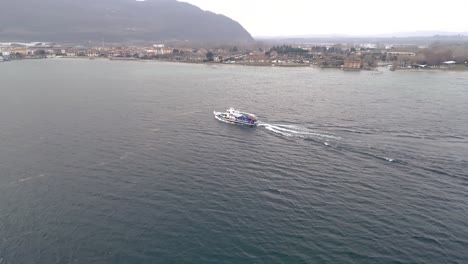 Aerial-view-ferry-on-lake-Iseo-in-italy
