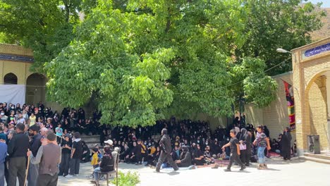 People-are-watching-the-religion-ritual-ceremony-festival-performance-of-Tazieh-in-middle-east-Iran-Qazvin-rural-area-spectators-are-sitting-under-the-old-ancient-historical-big-maple-tree-in-mosque