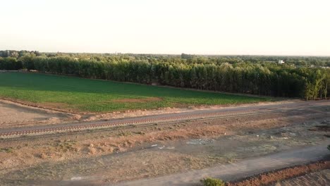 Aerial-wide-view-of-railway-line-row-of-maple-trees-train-in-the-road-in-summer-time-sunset-shadow-green-scene-and-scenery-landscape-of-transportation-agriculture-in-the-natural-farm-field-industry