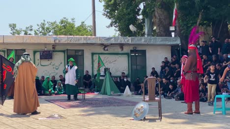 Traditional-ceremony-of-Tazieh-in-Iran-is-a-festival-religion-art-performance-artist-wear-costume-shield-armor-simulate-the-dramatic-fight-cultural-event-to-condolence-the-grief-historical-heritage