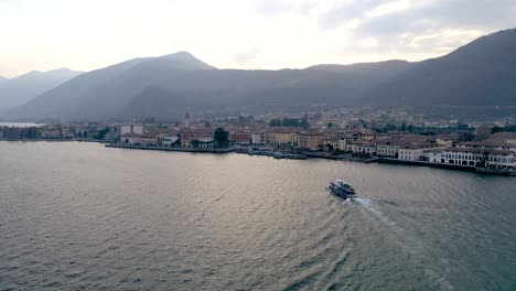 Aerial-view-ferry-on-lake-Iseo-in-italy