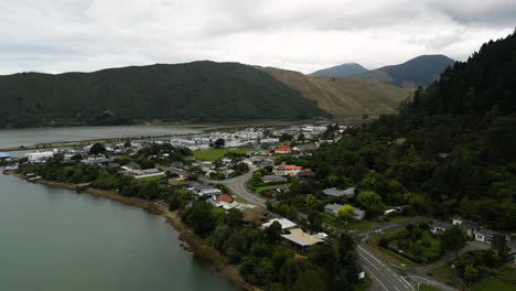 Aerial-shot-over-Havelock-Marina,-Marlborough-area-in-a-cloudy-day-|-New-Zealand
