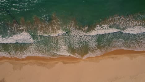 Aerial-top-down-view-of-waves-crashing-on-a-white-sand-beach-in-Tarifa,-Spain