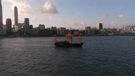 Aqua-Luna-Junk-Boat-Replica,-Arial-Views-of-Hong-Kong-City-Skyline-and-Victoria-Harbour