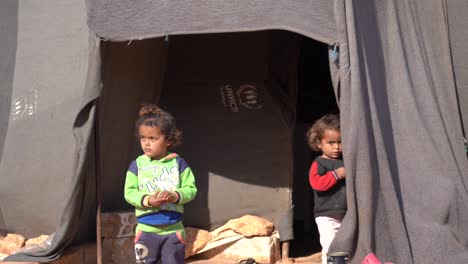 Junge,-Schüchterne-Syrische-Mädchen-Am-Zelteingang-Mit-Sichtbarem-UNHCR-Logo
