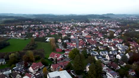 Aerial-Panorama-of-Wasserburg-am-Bodensee,-Germany-on-Cloudy-Autumn-Day,-Drone-Shot