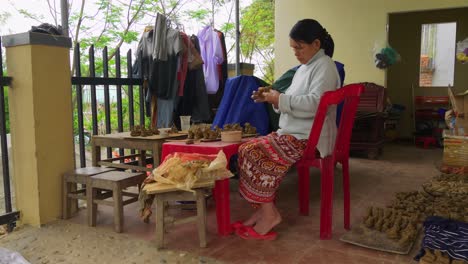 Una-Anciana-Asiática-Fabrica-Flautas-De-Arcilla-De-Animales-En-Thanh-Ha,-Capturando-La-Esencia-Del-Turismo-Local-Y-La-Cultura-De-Los-Recuerdos