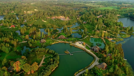 Malerisches-Wohngebiet-In-Der-Landschaft-Lettlands,-üppiger-Grüner-Wald,-Drohne