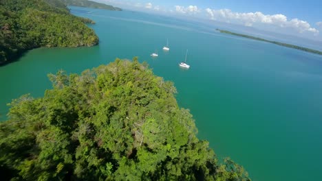 Catamarans-moored-in-tropical-sea-waters-of-Los-Haitises-National-Park,-Dominican-Republic