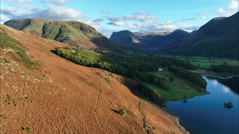 Aerial-View-toward-Buttermere-Lake-and-Crummock-Water,-Cumbria,-UK