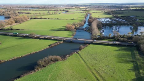 Panning-drone-aerial-road-bridge-St-Ives-Cambridgeshire-UK-drone-aerial-view