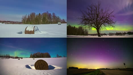 Four-split-screen-winter-nighttime-time-lapses-of-the-aurora-borealis