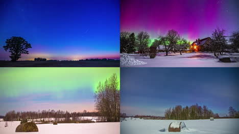 Four-split-screen-winter-countryside-time-lapses-of-the-aurora-borealis