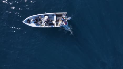 Birdseye-view-of-fisherman-fighting-to-catch-yellowfin-tuna,-work-together-to-gaff-and-bring-fish-aboard