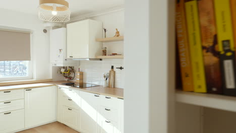 Revealing-shot-of-a-small-apartment-kitchen-from-behind-a-small-library
