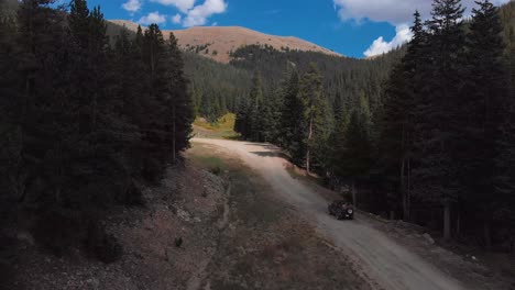 Couple-and-dog-drive-SUV-up-high-alpine-mountain-road-in-Colorado-Rockies