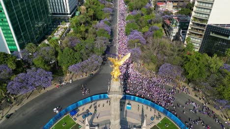 International-Women's-Day,-aerial-view-March-8th-Women's-Day-march,-on-Paseo-de-la-Reforma,-8-march-2023