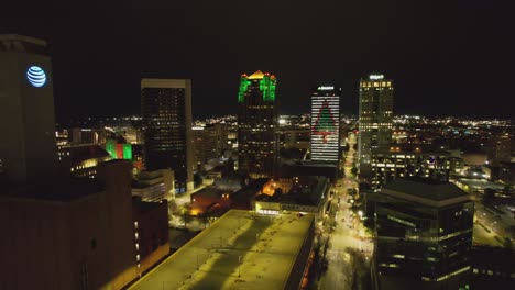 Aerial-of-Region's-Christmas-display-at-night-in-downtown-Birmingham,-Alabama