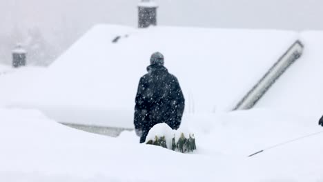 In-Norwegen-Laufen-Menschen-Mit-Einem-Hund-An-Der-Leine-Durch-Starken-Schneefall